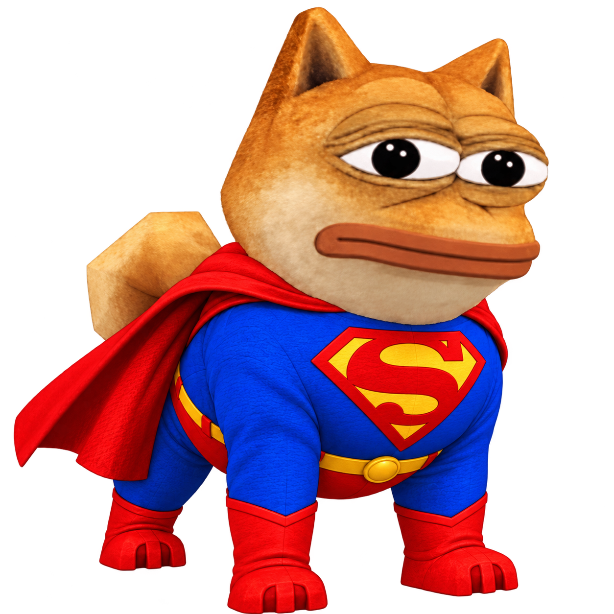 DOIN, a wide-eyed Shiba superhero in a blue suit and red cape